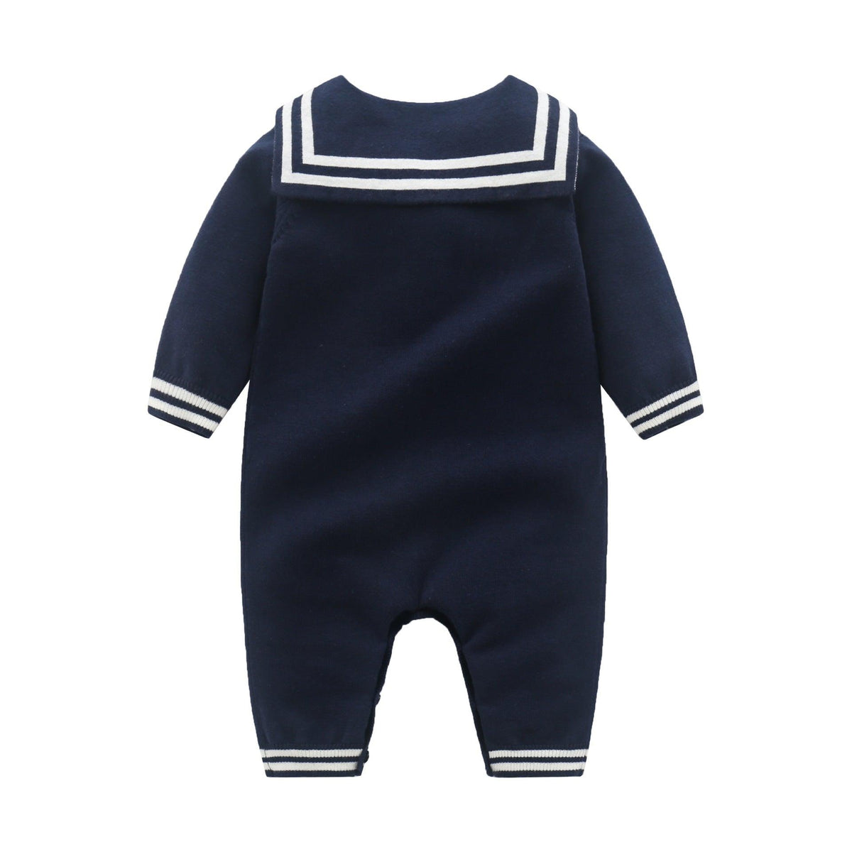 Baby Boys Girls Navy Collar Solid Color Knitted Long-sleeved Jumpsuit - PrettyKid