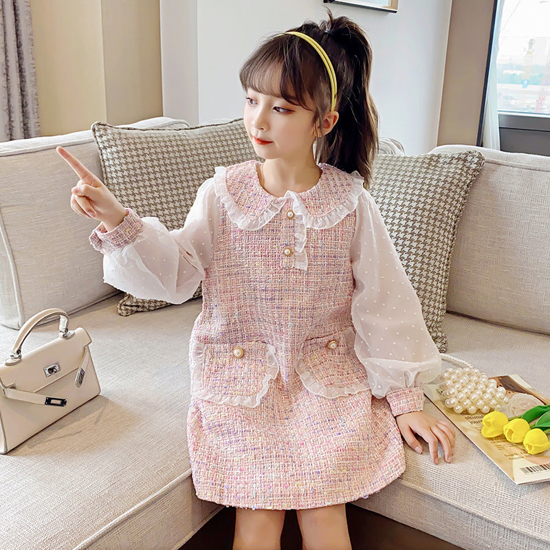 Toddler Kids Girls Solid Color Plaid Print Doll Neck Dress - PrettyKid