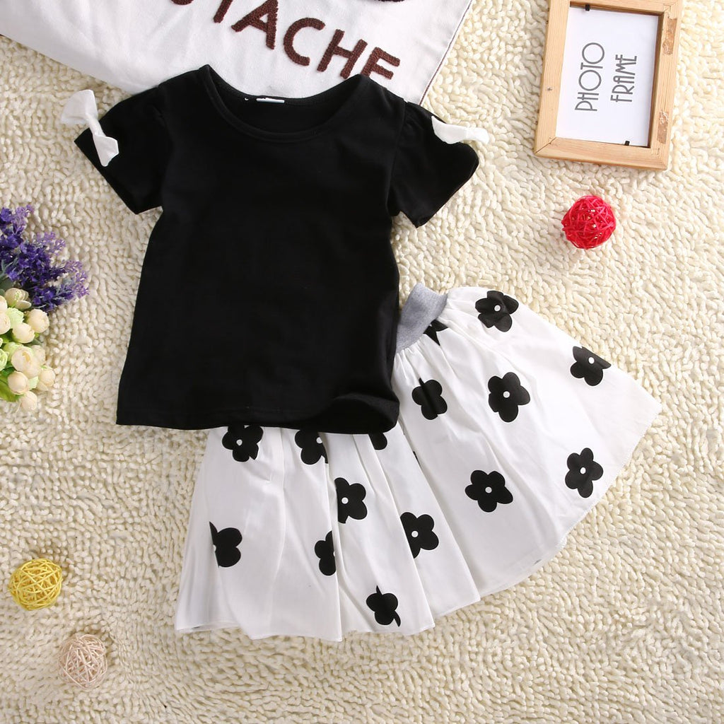 Girl Black Short Sleeve Top & Flower Mesh Skirt - PrettyKid