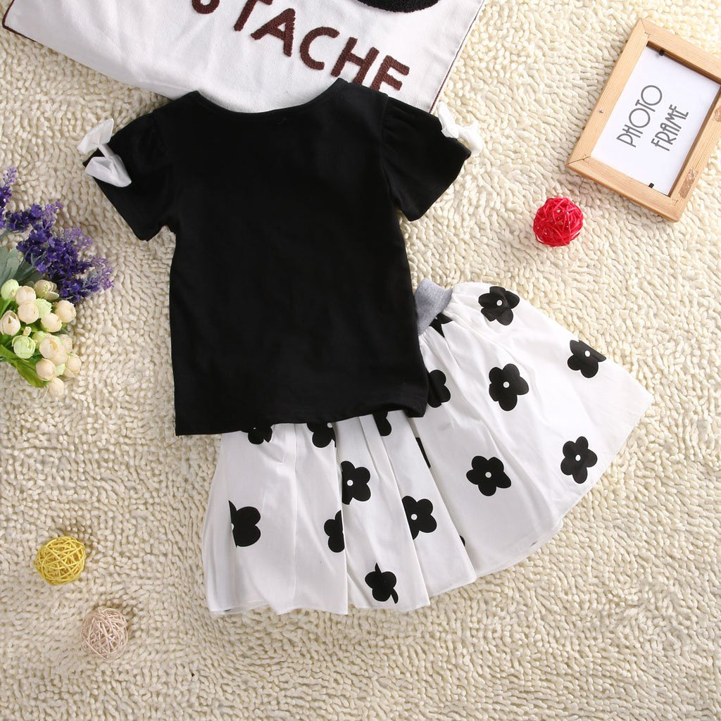 Girl Black Short Sleeve Top & Flower Mesh Skirt - PrettyKid
