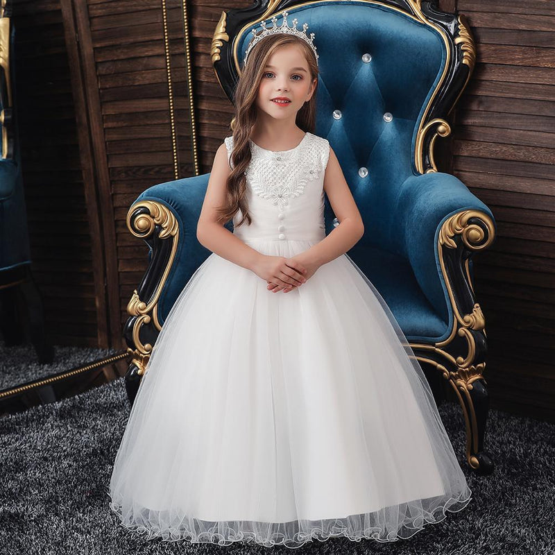 Long Girl Party Dress White Flower Girl Wedding Dress - PrettyKid