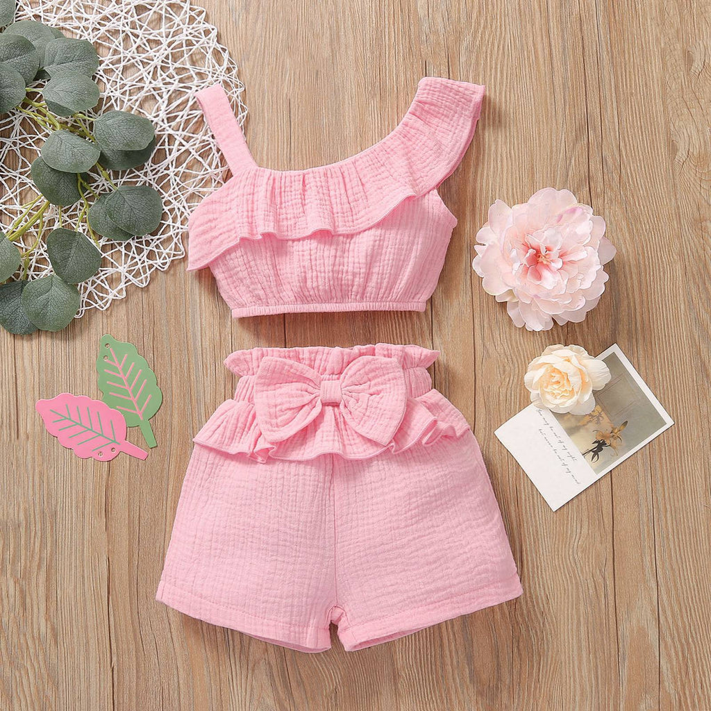 9M-3Y Baby Girls Outfits Sets Muslin Solid Color One Shoulder Ruffle Top And Shorts Bulk Baby Clothes - PrettyKid