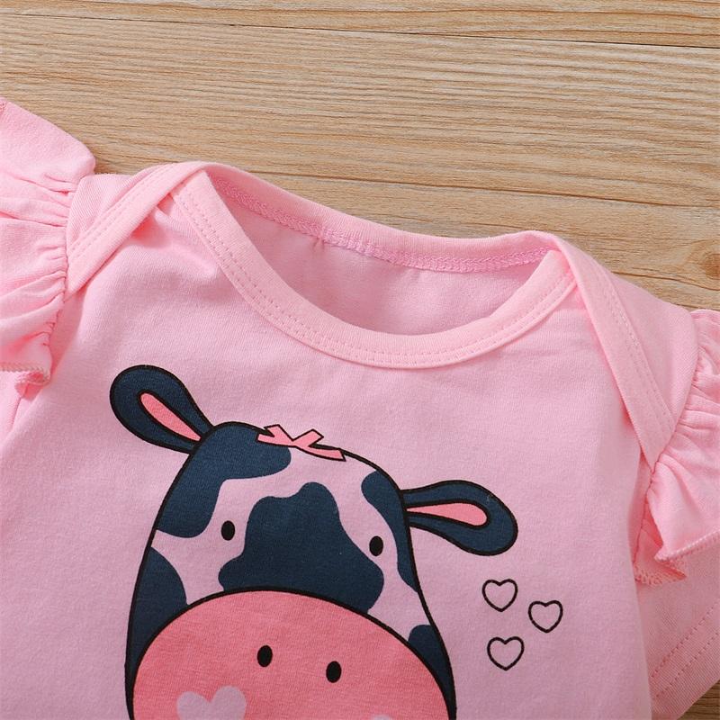 Baby Girl Cow Pattern Ruffle Trim Bodysuit & Printed Pants & Headband - PrettyKid