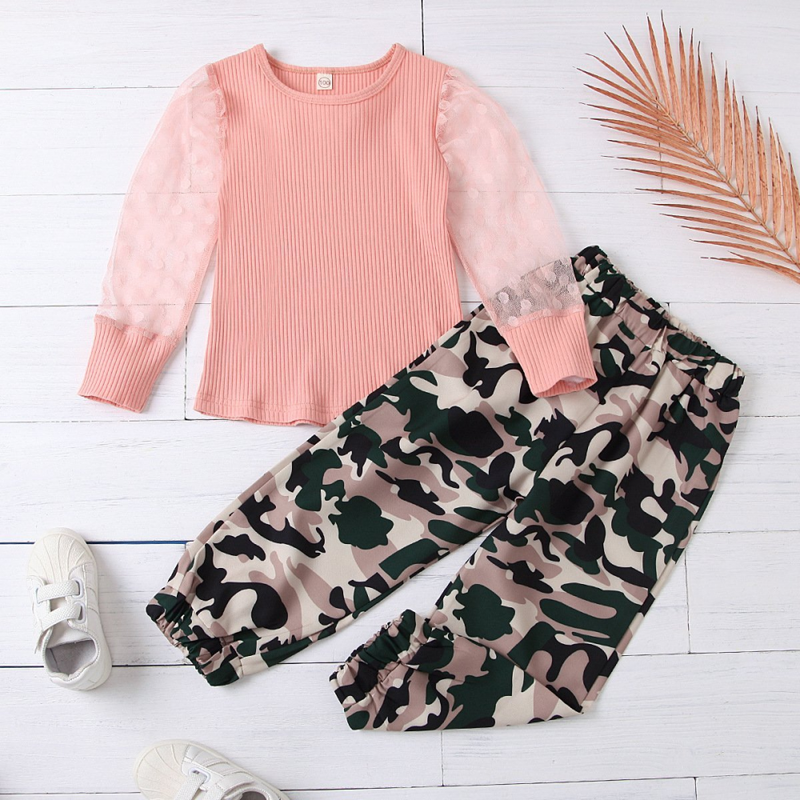 Girls Solid Mesh Long Sleeve Top & Camo Pants Wholesale Childrens Boutique Clothing Suppliers - PrettyKid