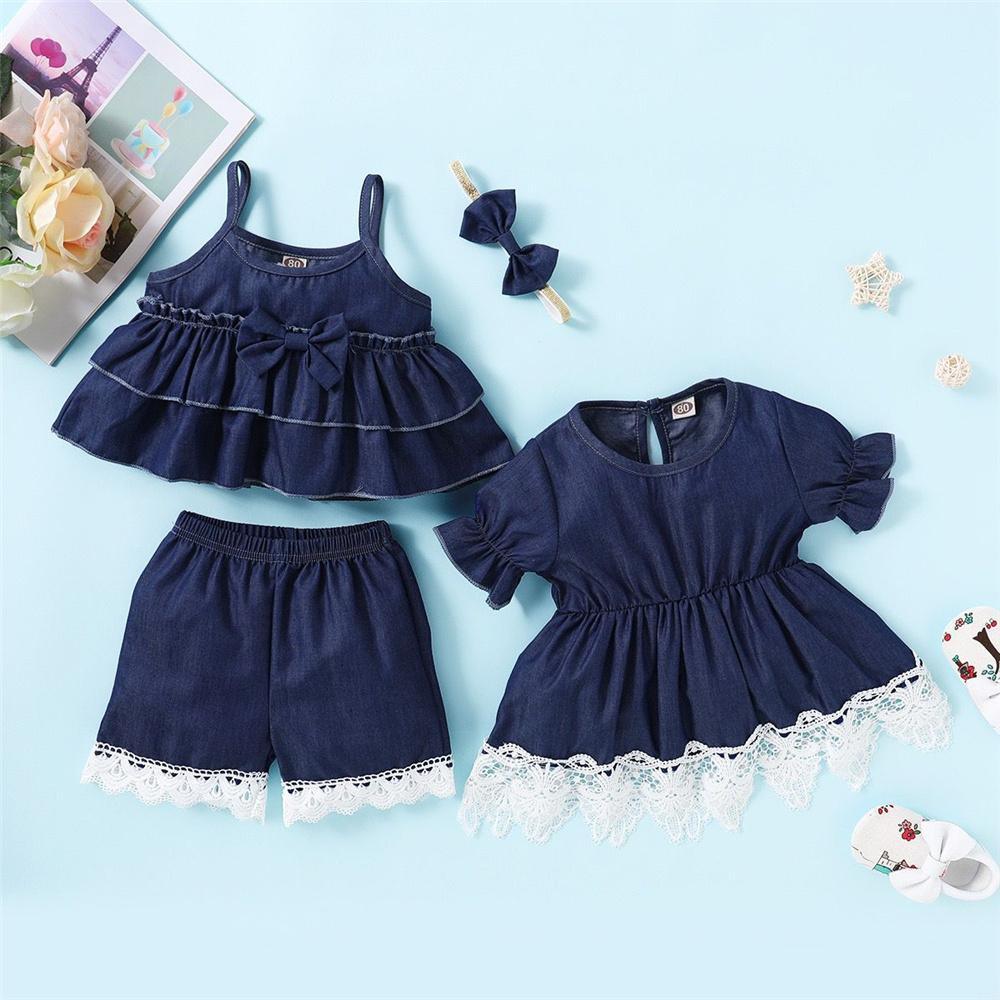 Girls Short Sleeve Lace Denim Splicing Dress Wholesale Baby Girl clothing - PrettyKid