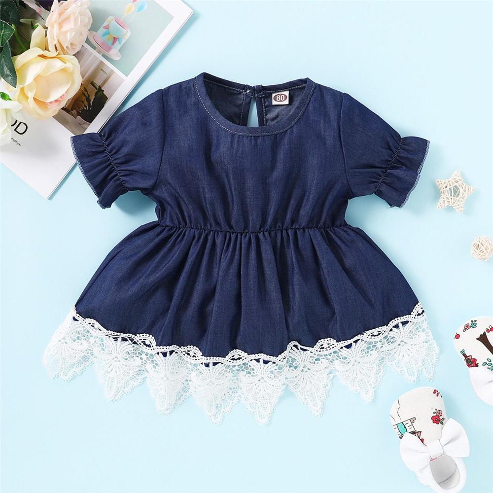 Girls Short Sleeve Lace Denim Splicing Dress Wholesale Baby Girl clothing - PrettyKid