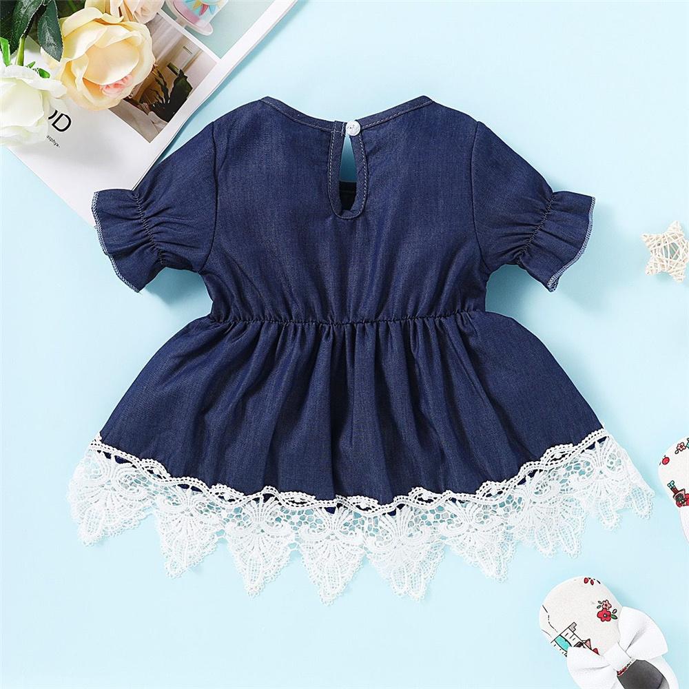 Girls Short Sleeve Lace Denim Splicing Dress Wholesale Baby Girl clothing - PrettyKid