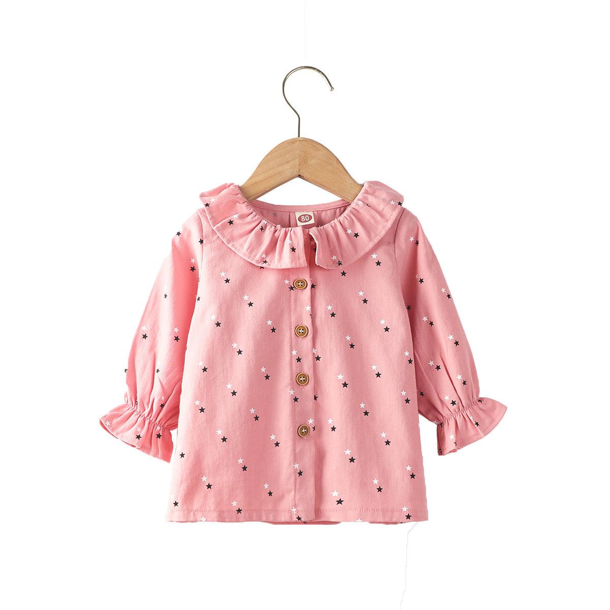 Toddler Kids Girls Solid Star Printed Baby Collar Flare Sleeve Shirt Top - PrettyKid