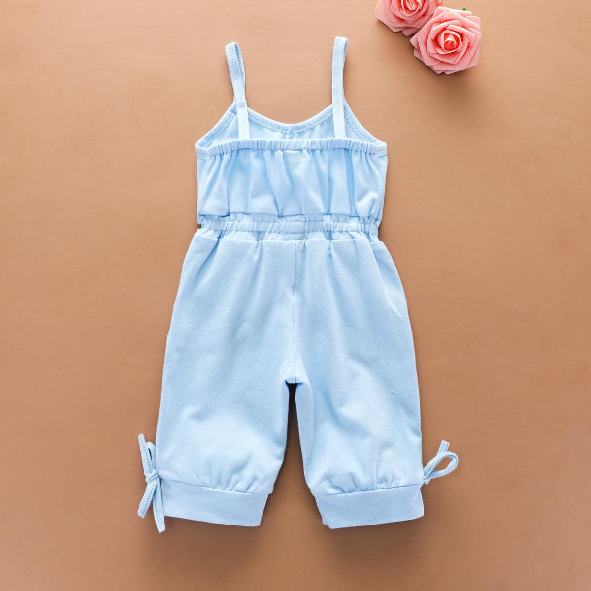 Toddler Kids Girl Solid Cotton Suspender Bow Jumpsuit Pants - PrettyKid