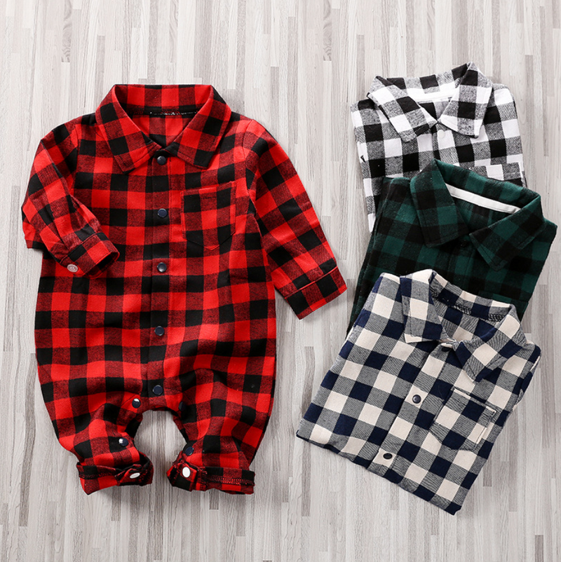 Long Sleeve Baby Plaid Checkered Button-up Pocket Rompers - PrettyKid