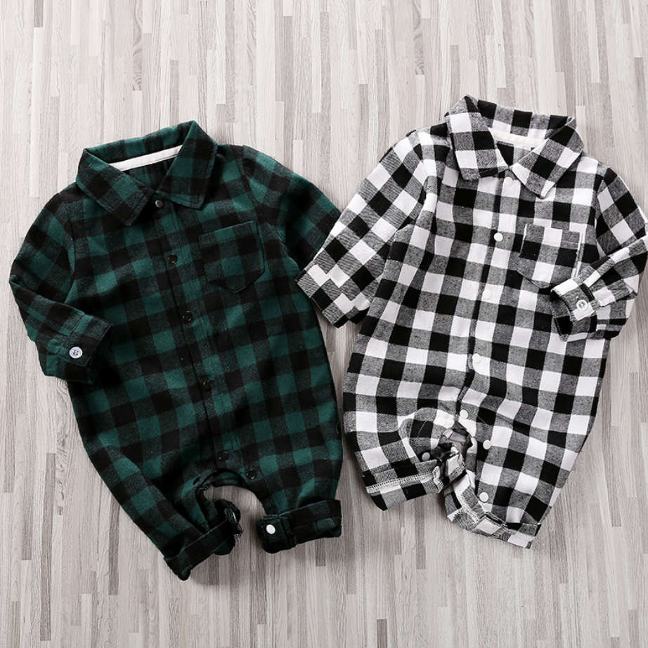 Long Sleeve Baby Plaid Checkered Button-up Pocket Rompers - PrettyKid