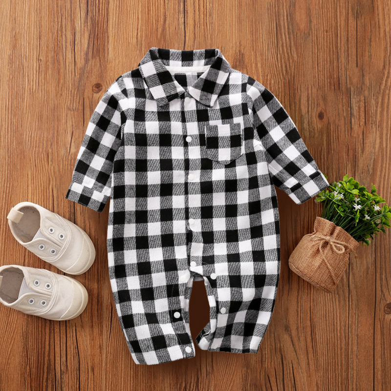 Long Sleeve Baby Plaid Checkered Button-up Pocket Rompers - PrettyKid