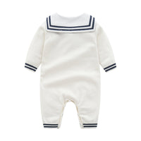 Baby Boys Girls Navy Collar Solid Color Knitted Long-sleeved Jumpsuit - PrettyKid