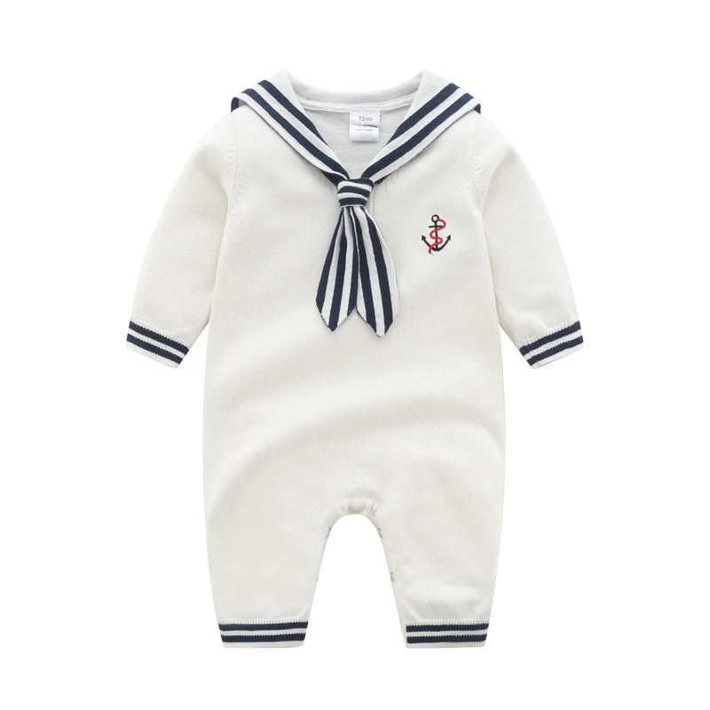 Baby Boys Girls Navy Collar Solid Color Knitted Long-sleeved Jumpsuit - PrettyKid