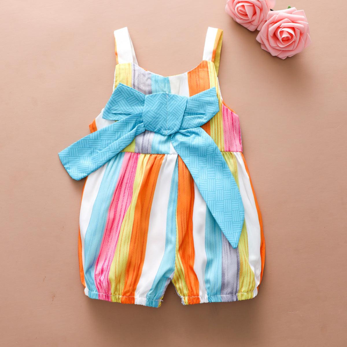 Baby Girl Summer Rainbow Striped BOW STRAP Pants - PrettyKid