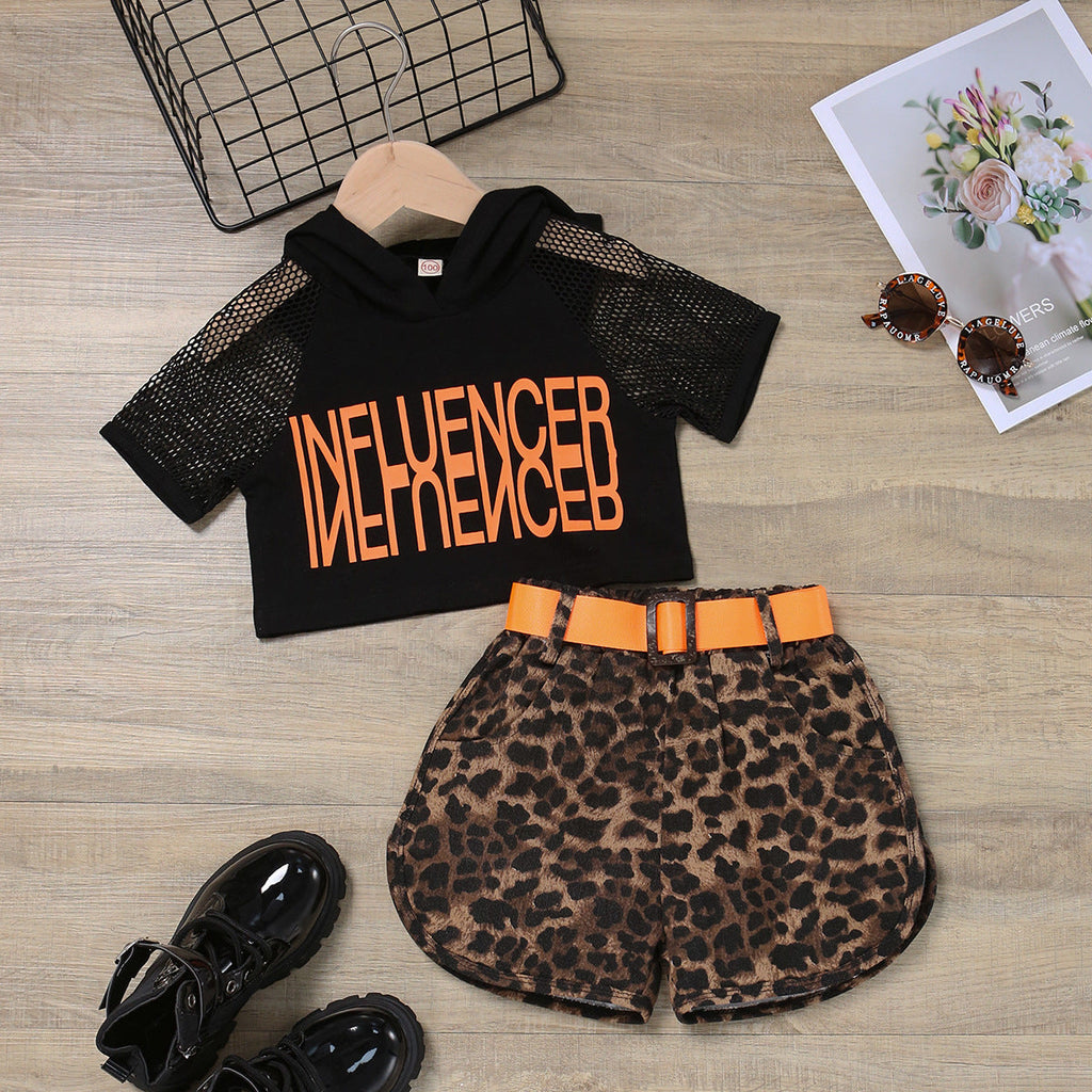 18M-6Y Toddler Girls Letter Hollow Top & Belt Leopard Print Shorts Wholesale Girls Fashion Clothes - PrettyKid
