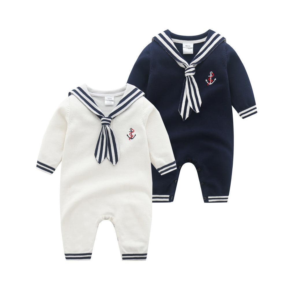 Baby Boys Girls Navy Collar Solid Color Knitted Long-sleeved Jumpsuit - PrettyKid