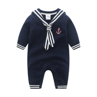 Baby Boys Girls Navy Collar Solid Color Knitted Long-sleeved Jumpsuit - PrettyKid