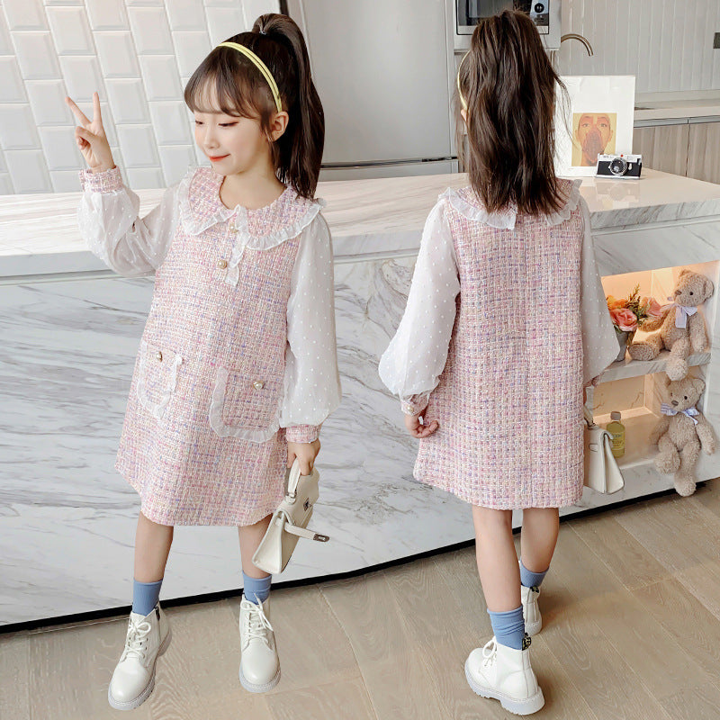 Toddler Kids Girls Solid Color Plaid Print Doll Neck Dress - PrettyKid