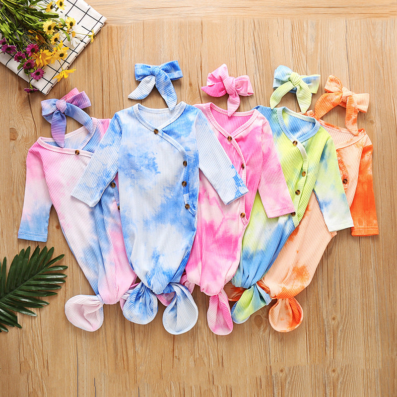 Baby Knitted Tie Dyed Baby Sleeping Bag Headband Set - PrettyKid