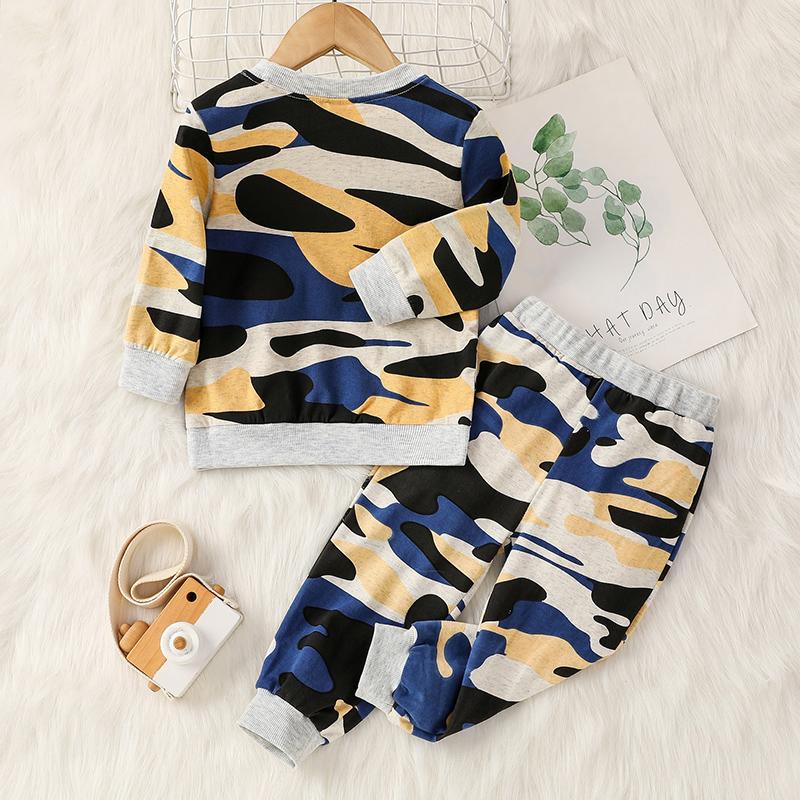 trendy kids wholesale clothing Toddler Boy Camouflage Print Letter Pattern Sweater & Pants Wholesale Children's Clothing - PrettyKid