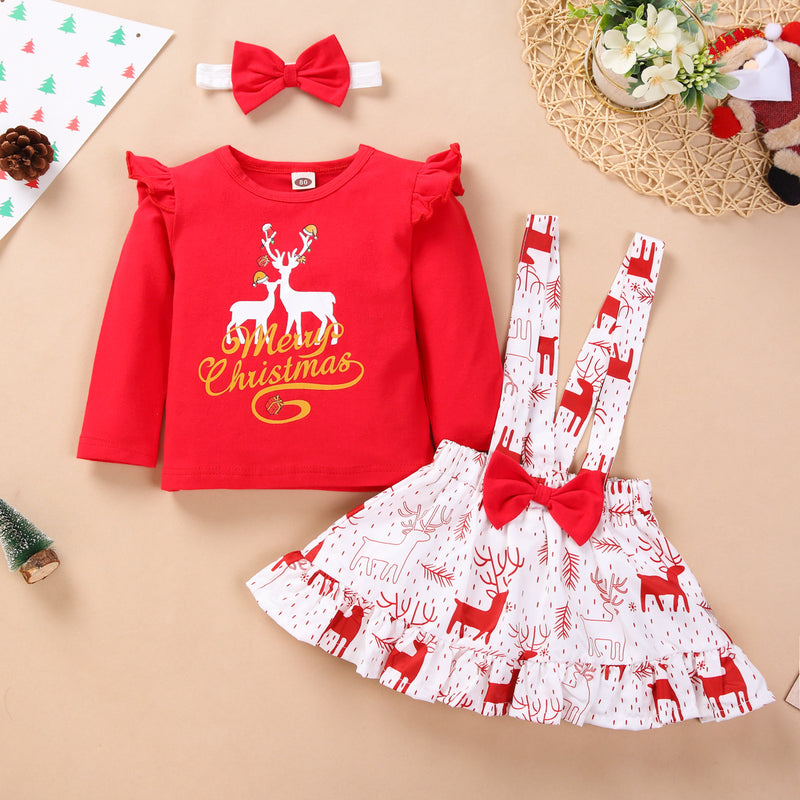 Toddler Kids Girls Solid Elk Print Top Strap Skirt Set - PrettyKid