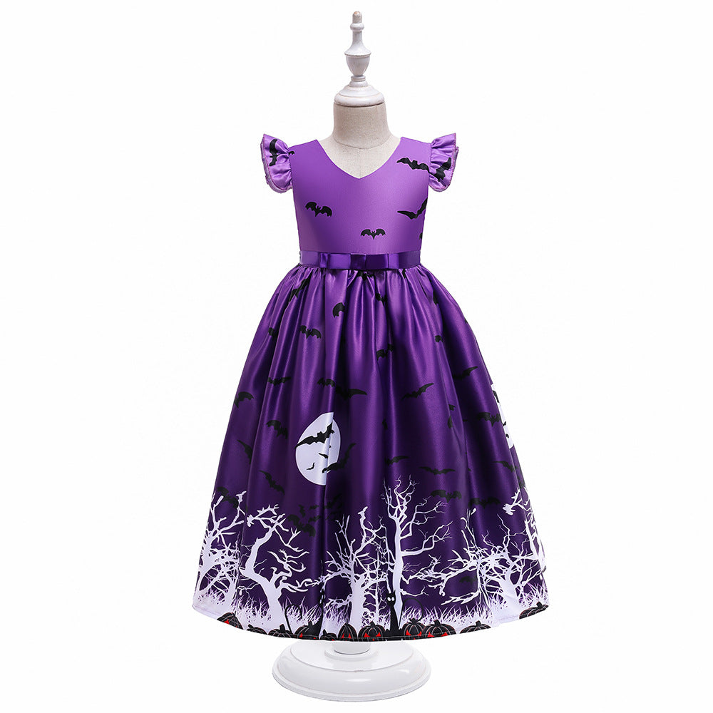 Kids Girls V-neck Short Sleeve Halloween Dress Bulk Childrens Clothing Suppliers - PrettyKid