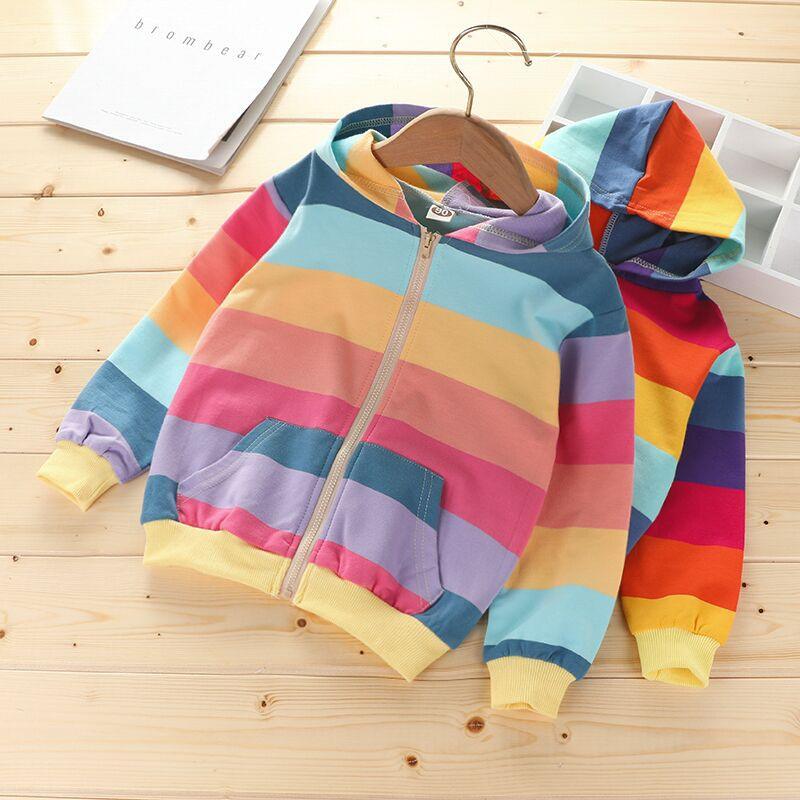 Toddler Kids Girls' Rainbow Striped Hooded Sweatshirt Cardigan Coat - PrettyKid