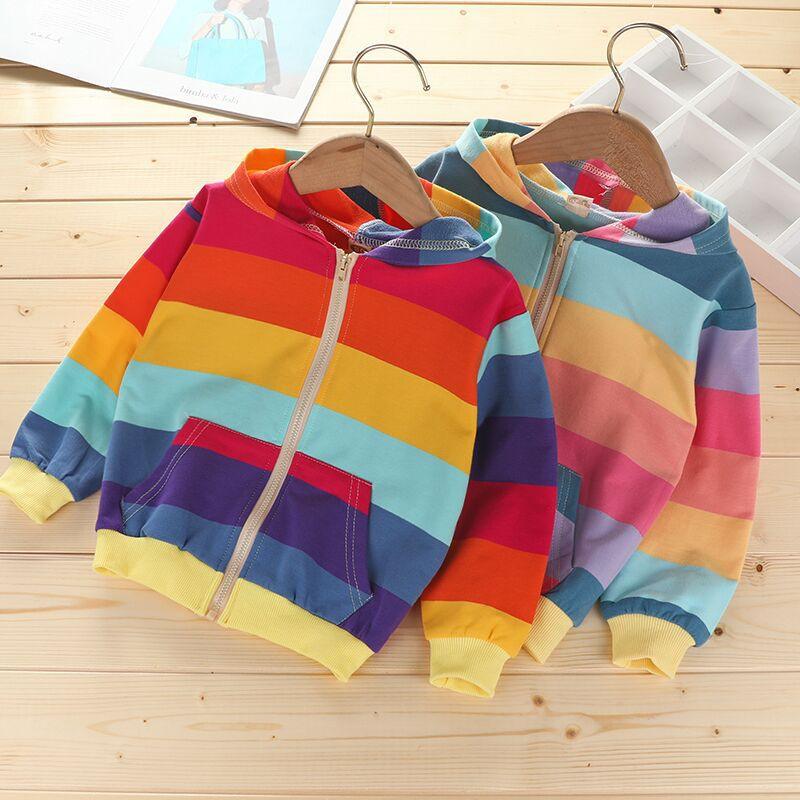 Toddler Kids Girls' Rainbow Striped Hooded Sweatshirt Cardigan Coat - PrettyKid