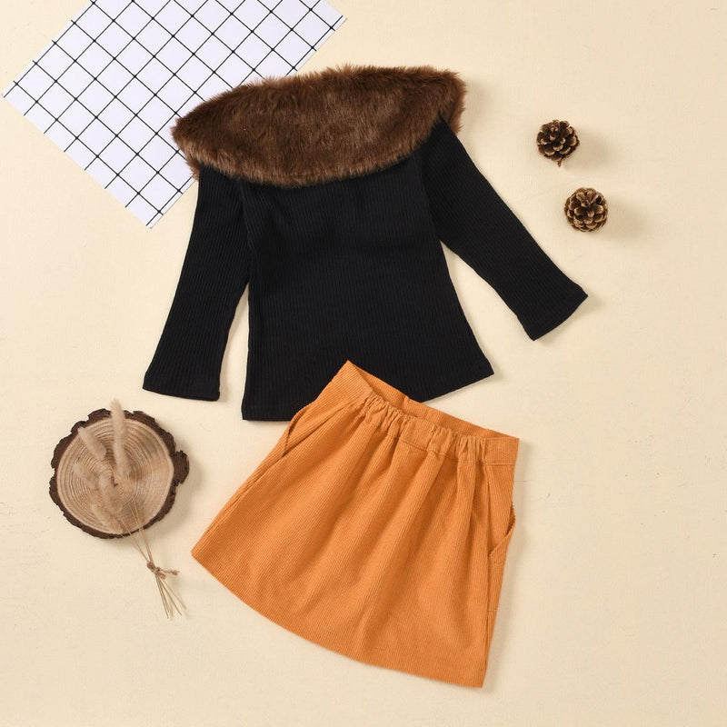 Children Girls' Fleece Neckline Solid Color Knit Sweater Open Pocket Short Skirt Set - PrettyKid