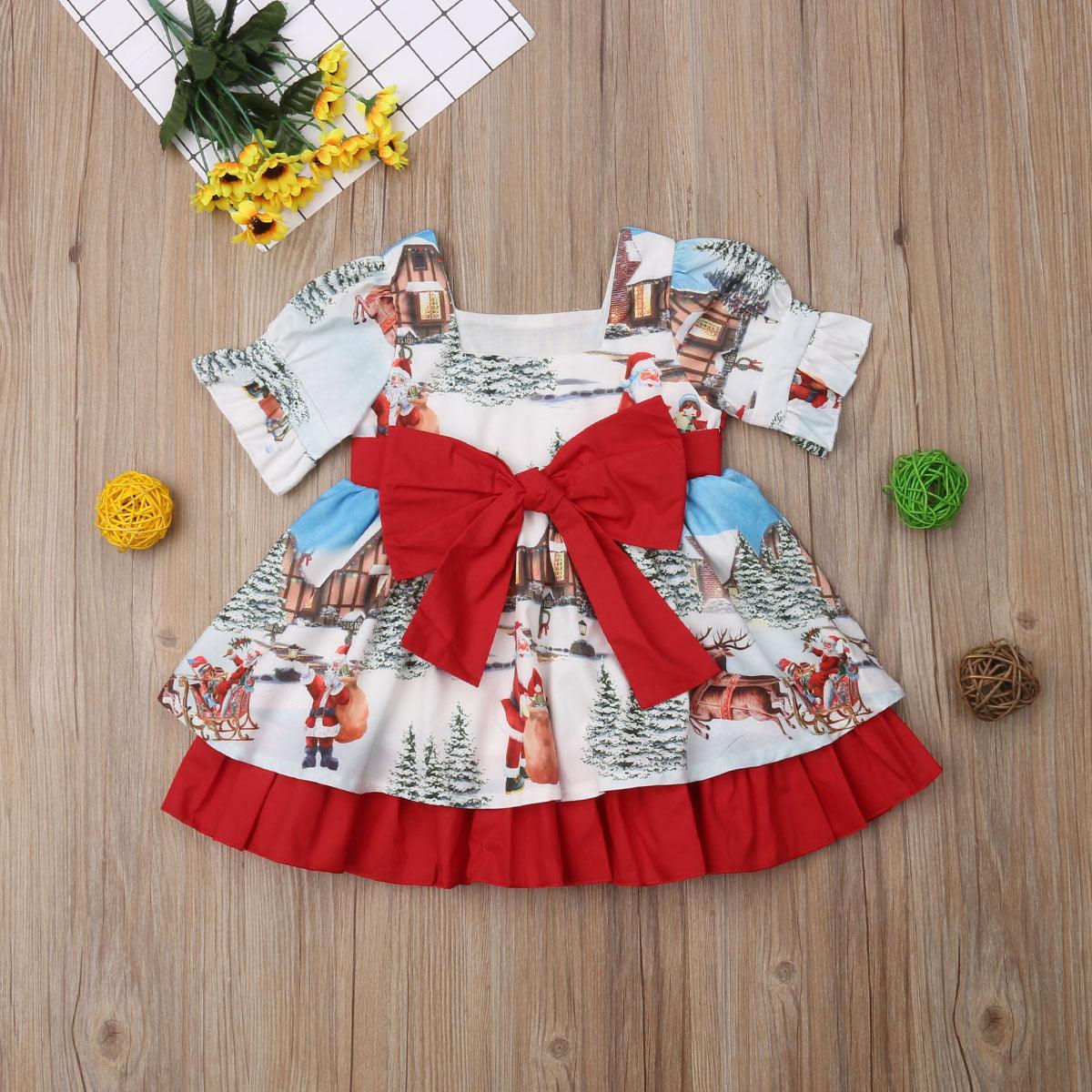 Toddler kids girls' Christmas cartoon print short sleeve dress - PrettyKid