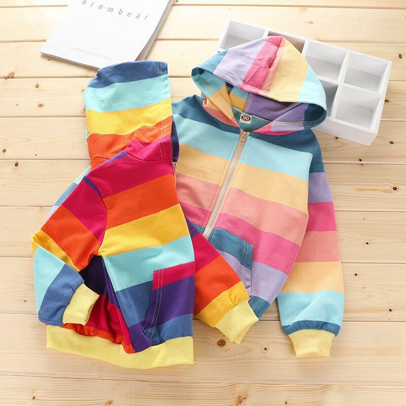 Toddler Kids Girls' Rainbow Striped Hooded Sweatshirt Cardigan Coat - PrettyKid