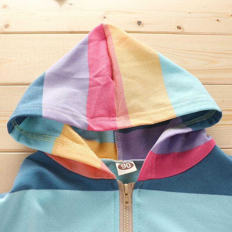 Toddler Kids Girls' Rainbow Striped Hooded Sweatshirt Cardigan Coat - PrettyKid