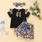 Baby Girl Leopard Print Fly-Sleeve Top And Shorts With Headband Two Piece Baby Sets - PrettyKid