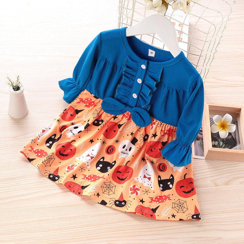 Toddler kids girls' long sleeve dress with pumpkin print for Halloween - PrettyKid