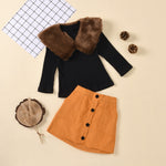 Children Girls' Fleece Neckline Solid Color Knit Sweater Open Pocket Short Skirt Set - PrettyKid