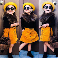 Children Girls' Fleece Neckline Solid Color Knit Sweater Open Pocket Short Skirt Set - PrettyKid