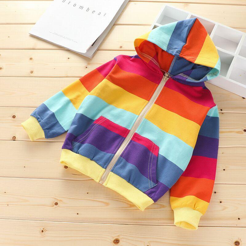 Toddler Kids Girls' Rainbow Striped Hooded Sweatshirt Cardigan Coat - PrettyKid