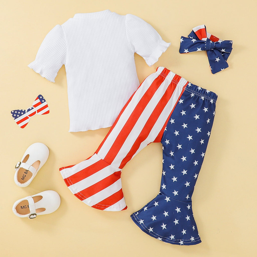 9M-4Y Threaded Flared Sleeves Flag Print Flared Pants Independence Day Outfit Wholesale Baby Clothes - PrettyKid