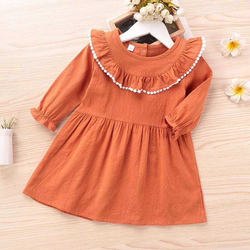 Toddler kids girls' solid long sleeve suit / dress with ruffle neckline - PrettyKid