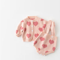 Baby Girls' Love Jacquard Coat Shoulder Strap Triangle Creeper Sweater Two-piece Set - PrettyKid