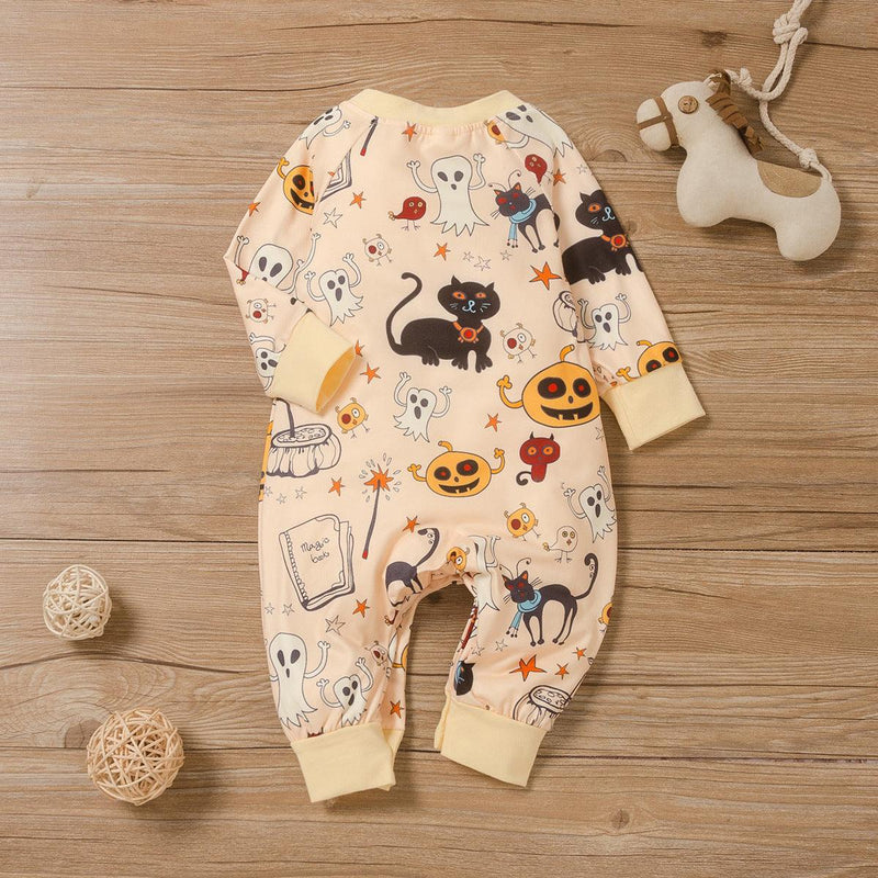 Baby boys girls' Halloween pumpkin long sleeve cartoon cat jumpsuit - PrettyKid