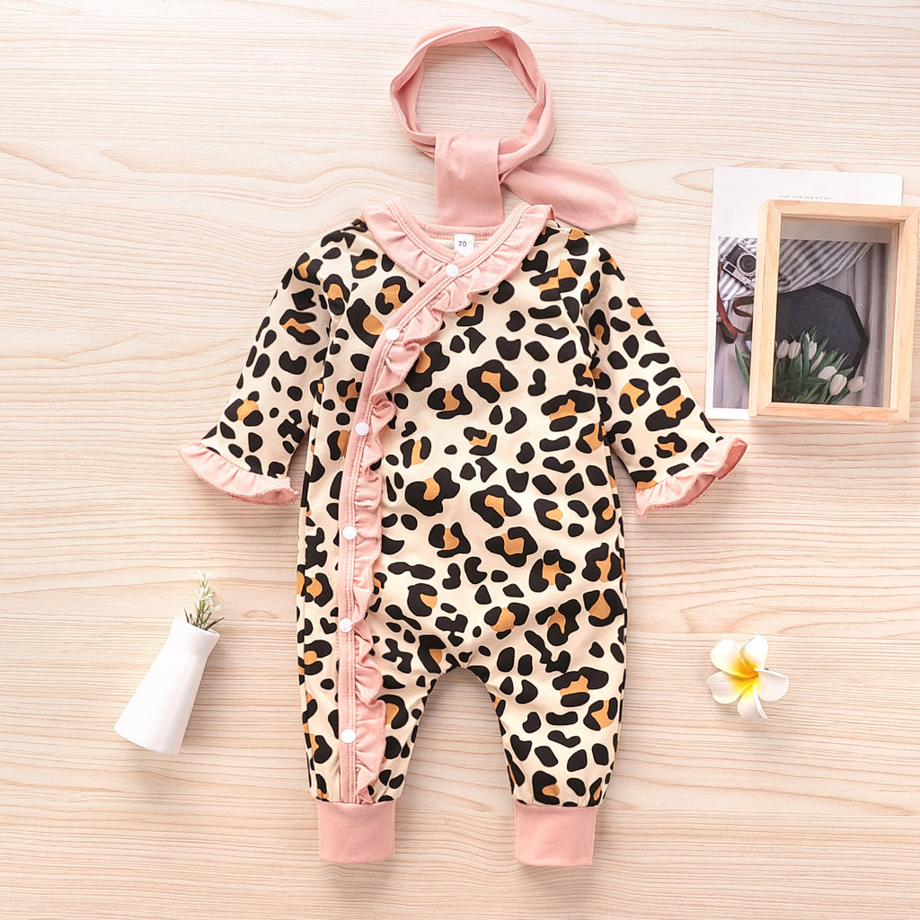 Infant Long Sleeve Leopard Lace Jumpsuit Trendy Baby Clothes Wholesale - PrettyKid