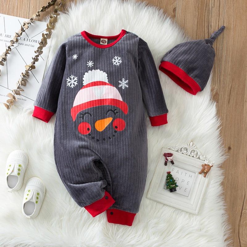 Baby Boys Girls Cartoon Snowman Printed Flannel Jumpsuit Hat Christmas Suit - PrettyKid