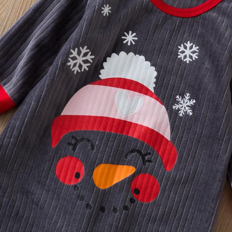 Baby Boys Girls Cartoon Snowman Printed Flannel Jumpsuit Hat Christmas Suit - PrettyKid