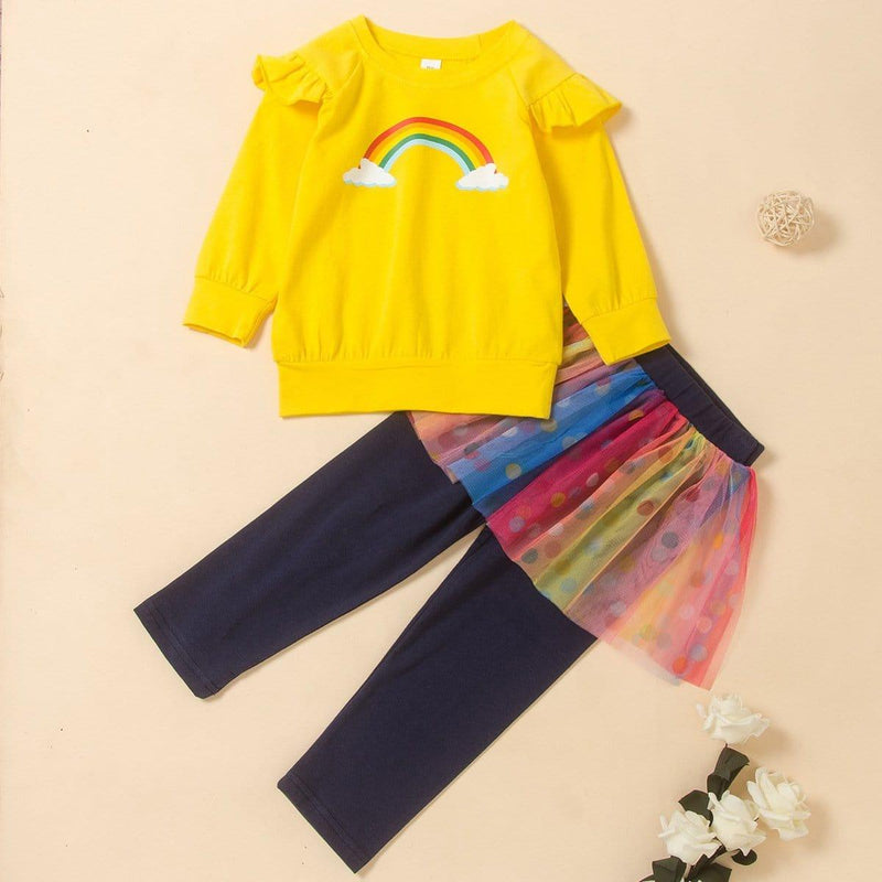 Toddler kids girls rainbow print solid color long-sleeved veil dress pants set - PrettyKid