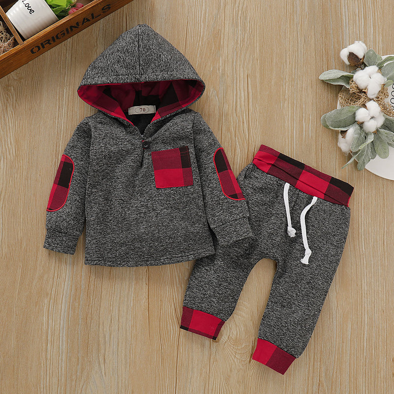Children's Plush Solid Hooded Top Plaid Pants Set - PrettyKid