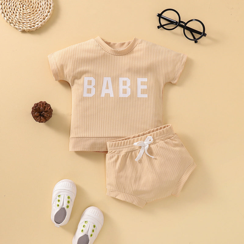 BABE Print Ribbed Top And Shorts Baby Outfit Sets - PrettyKid