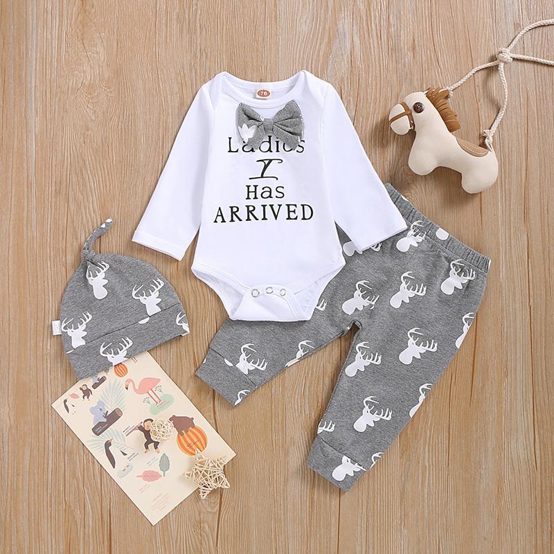 3-piece Letter Long-sleeve Bodysuit, Deer Printed Pants with Hat - PrettyKid