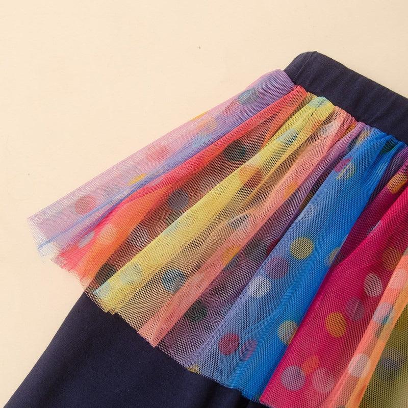Toddler kids girls rainbow print solid color long-sleeved veil dress pants set - PrettyKid